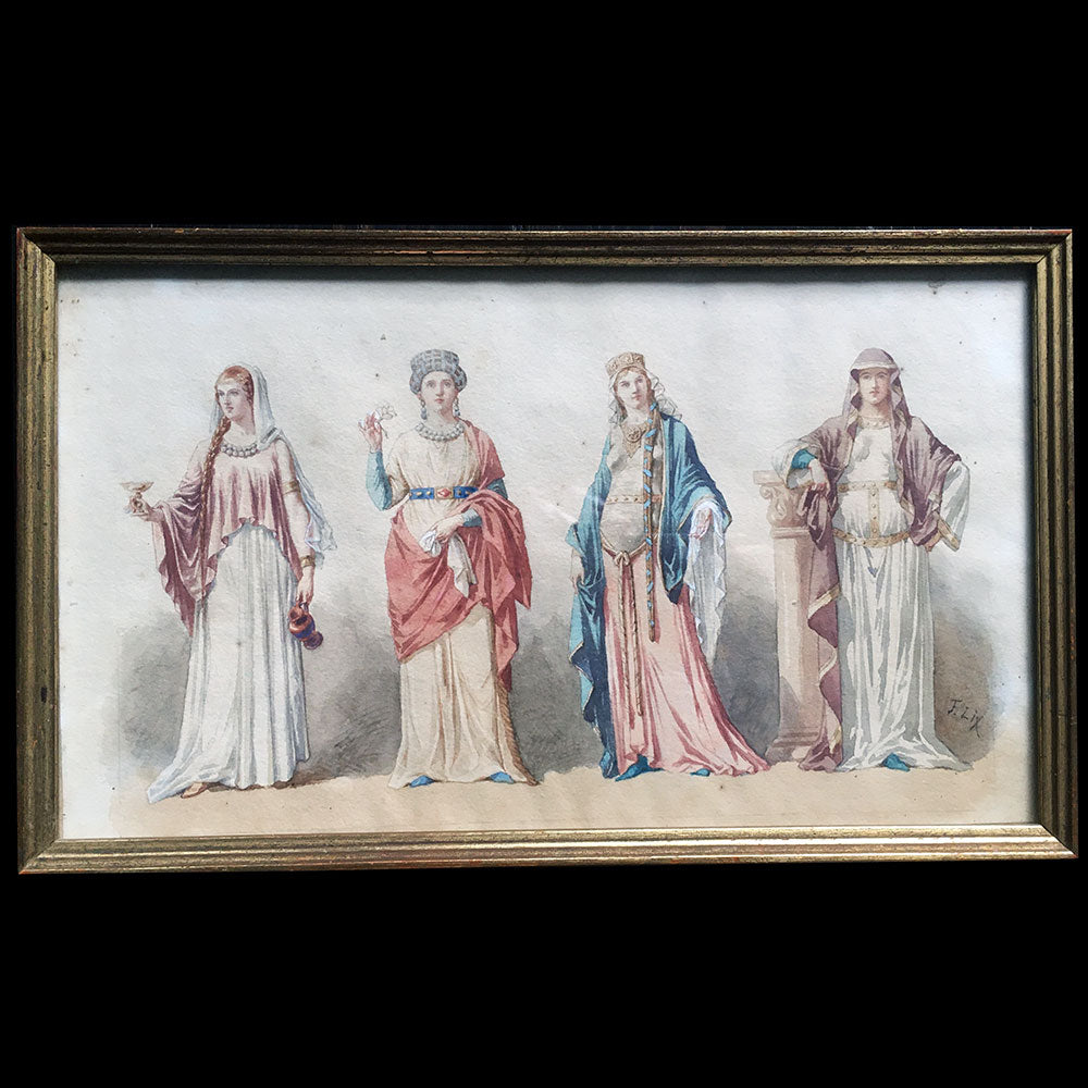 Frédéric Lix - Costumes de Gauloise, de Gallo-Romaine, Mérovingienne et Carlovingienne, dessin pour Histoire de la Mode en France de Challamel (1875)
