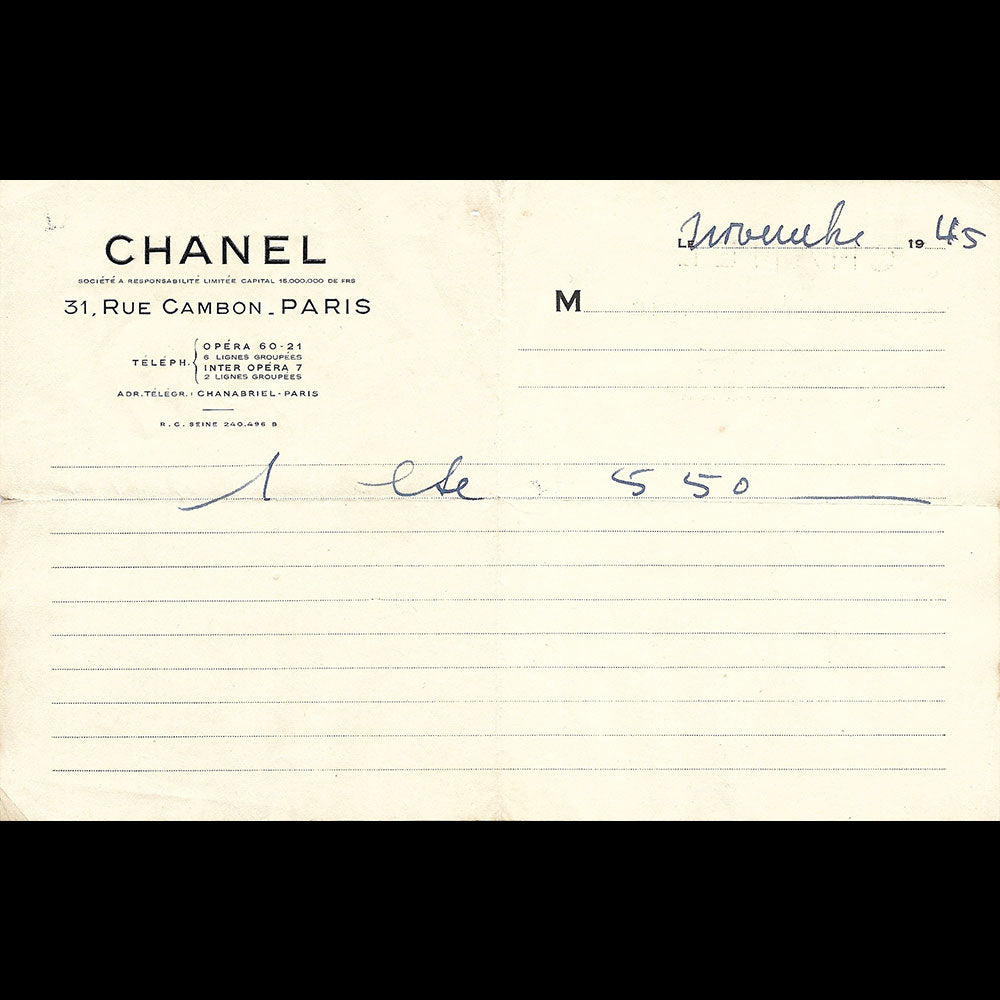 Chanel - Facture de la maison Chanel, 31 rue Cambon à Paris (1945)