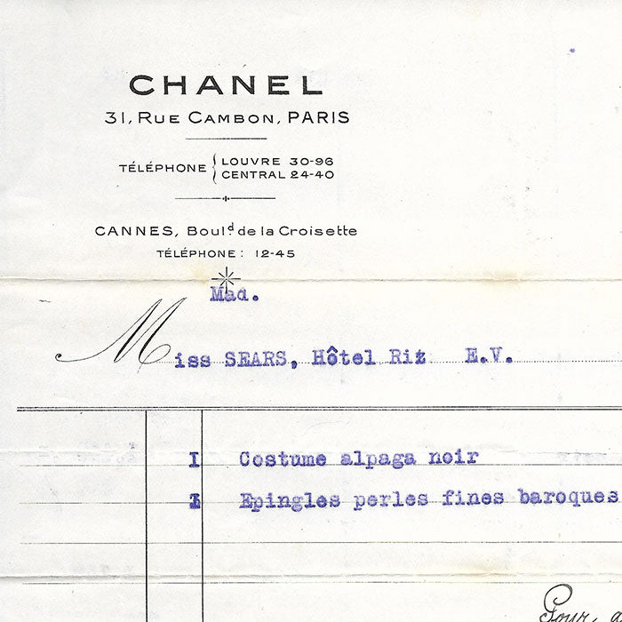Facture de la maison de couture Chanel, 31 rue Cambon (1923)