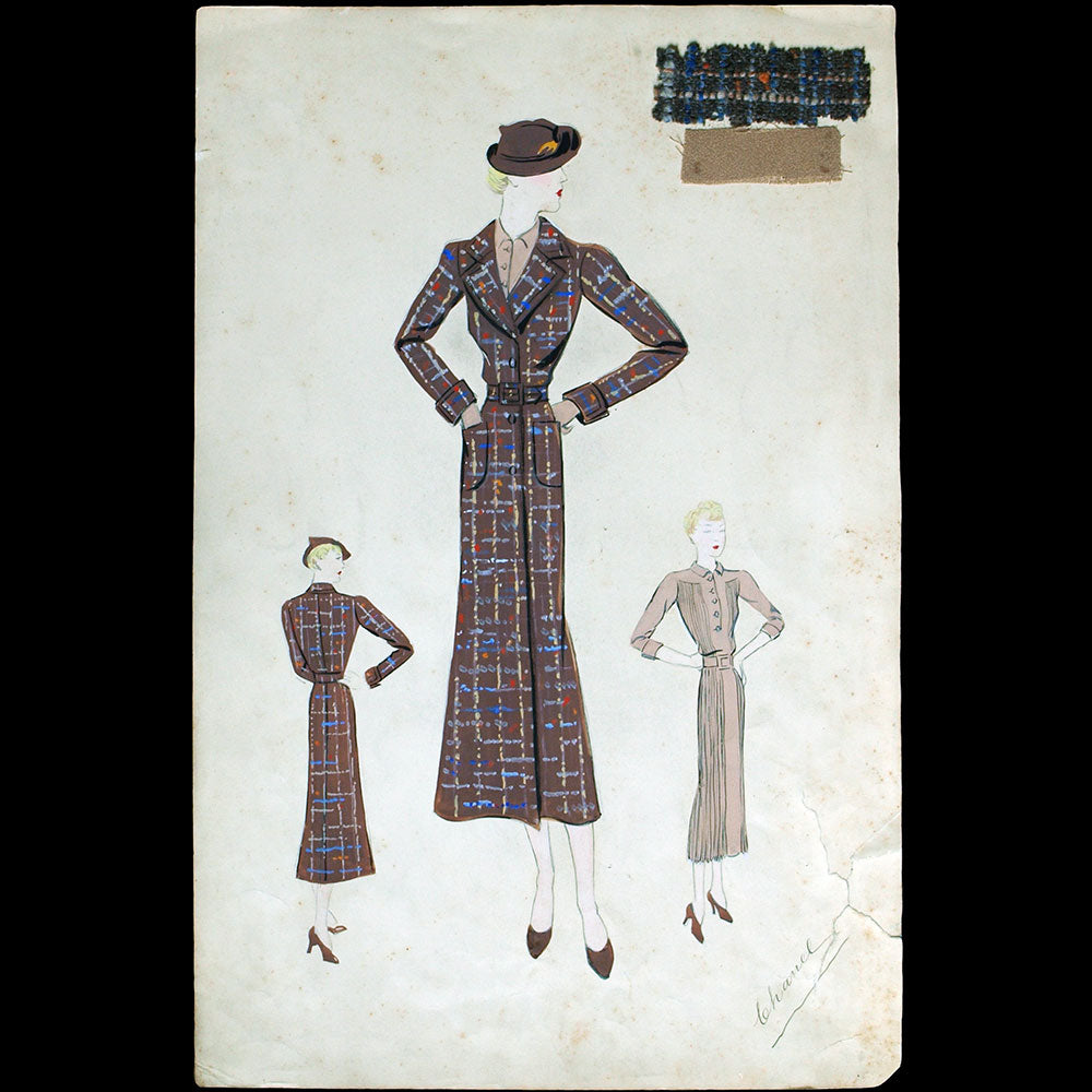 Chanel - Dessin d'une robe de soie et d'un manteau de sport (circa 1935)