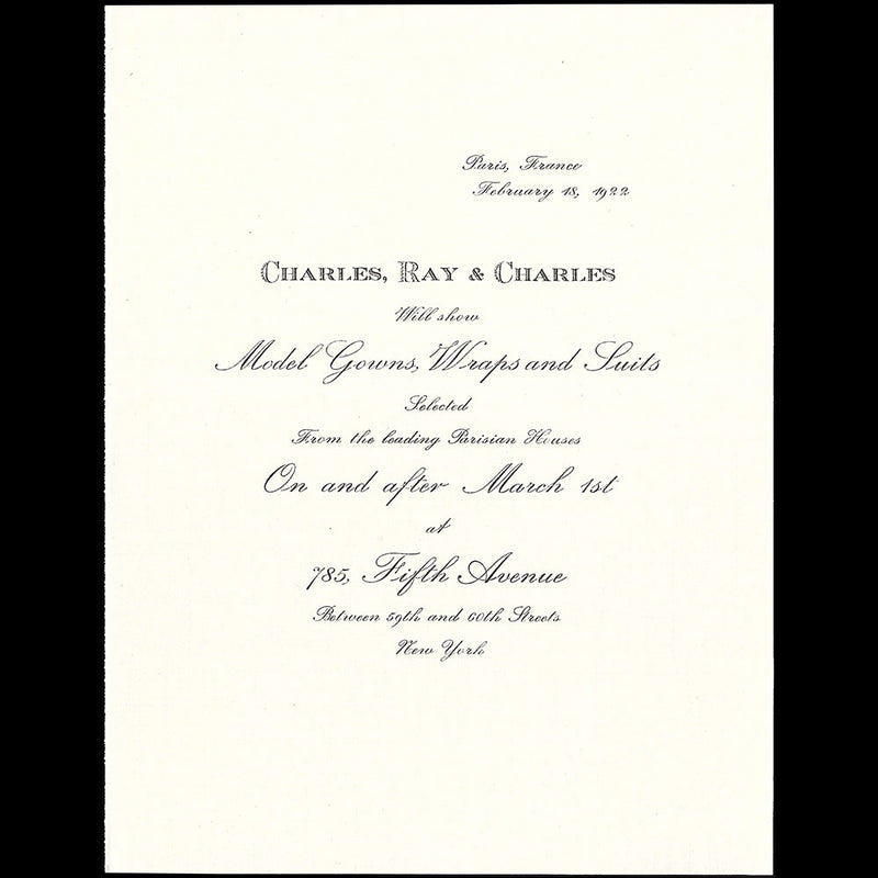 Charles, Ray & Charles - Invitation du magasin américain à une présentation de modèles (1922)