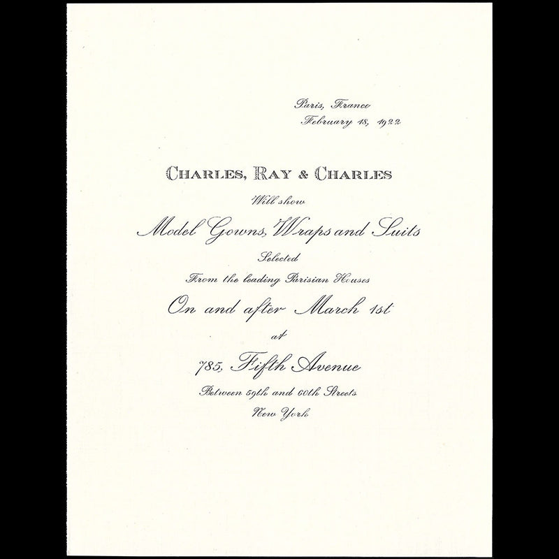 Charles, Ray & Charles - Invitation du magasin américain à une présentation de modèles (1922)