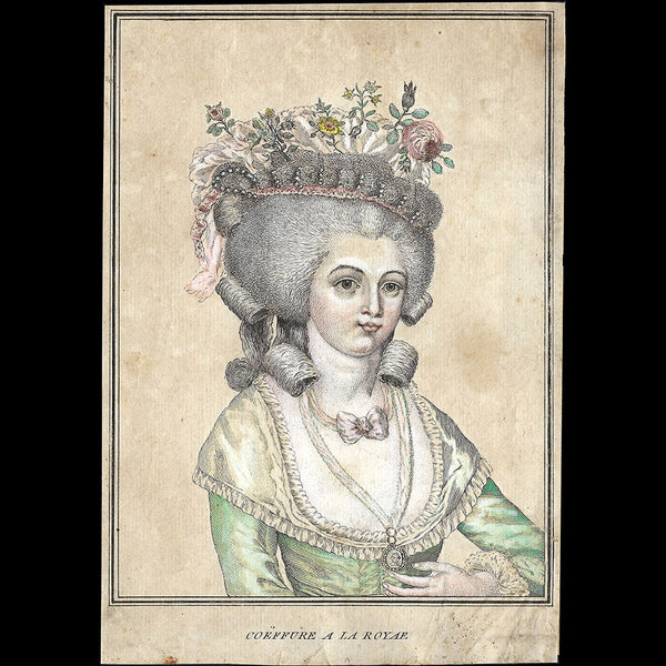 Coeffure à la Royae, gravure d'une suite de six coiffures (circa 1780)