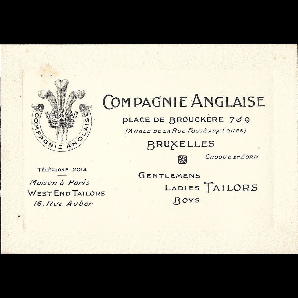 Compagnie Anglaise - Carte du tailleur, Place de Brouckère à Bruxelles (circa 1910s)