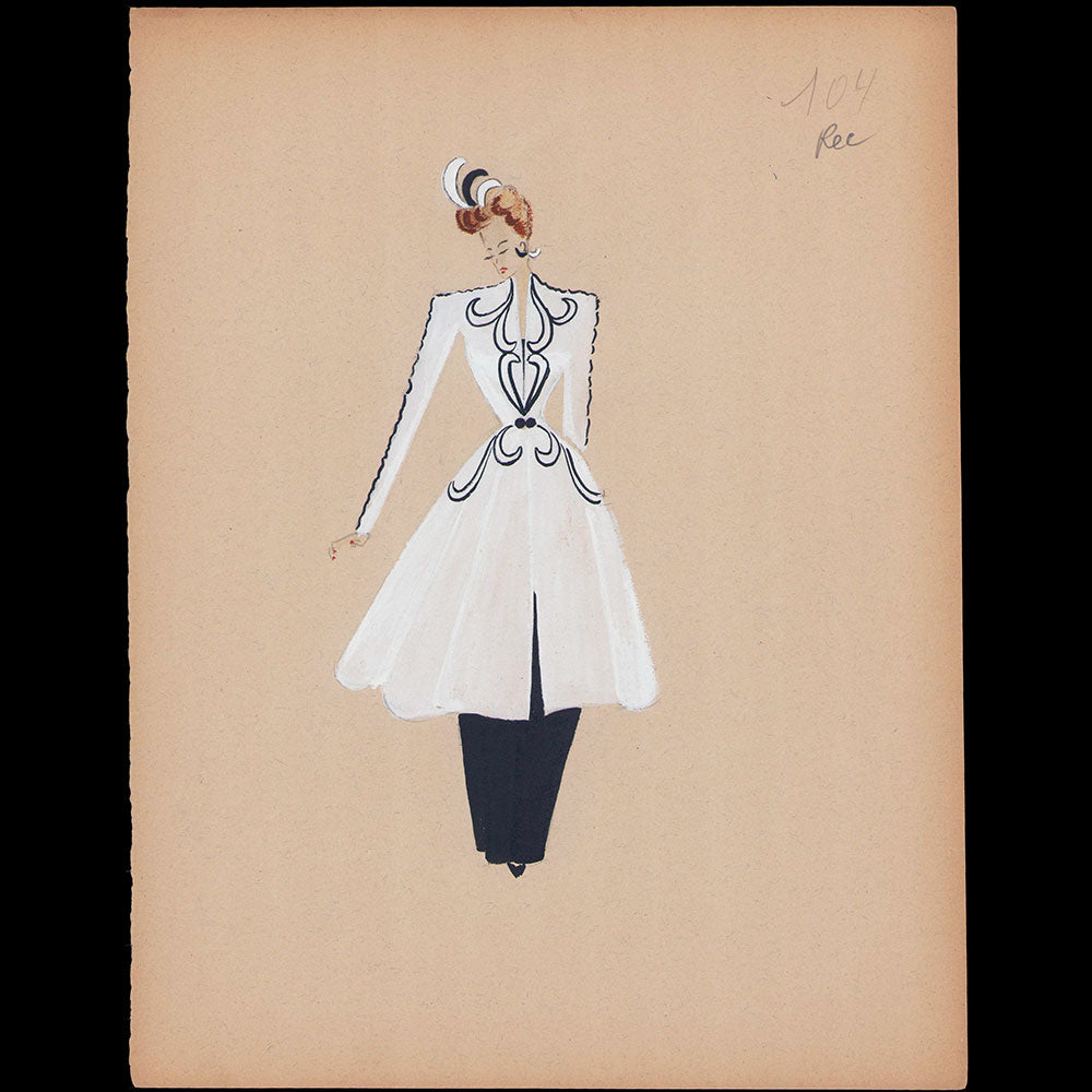 Croquis de mode - Manteau blanc brodé (1940s)