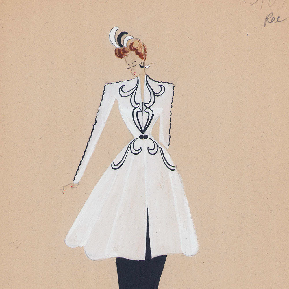 Croquis de mode - Manteau blanc brodé (1940s)