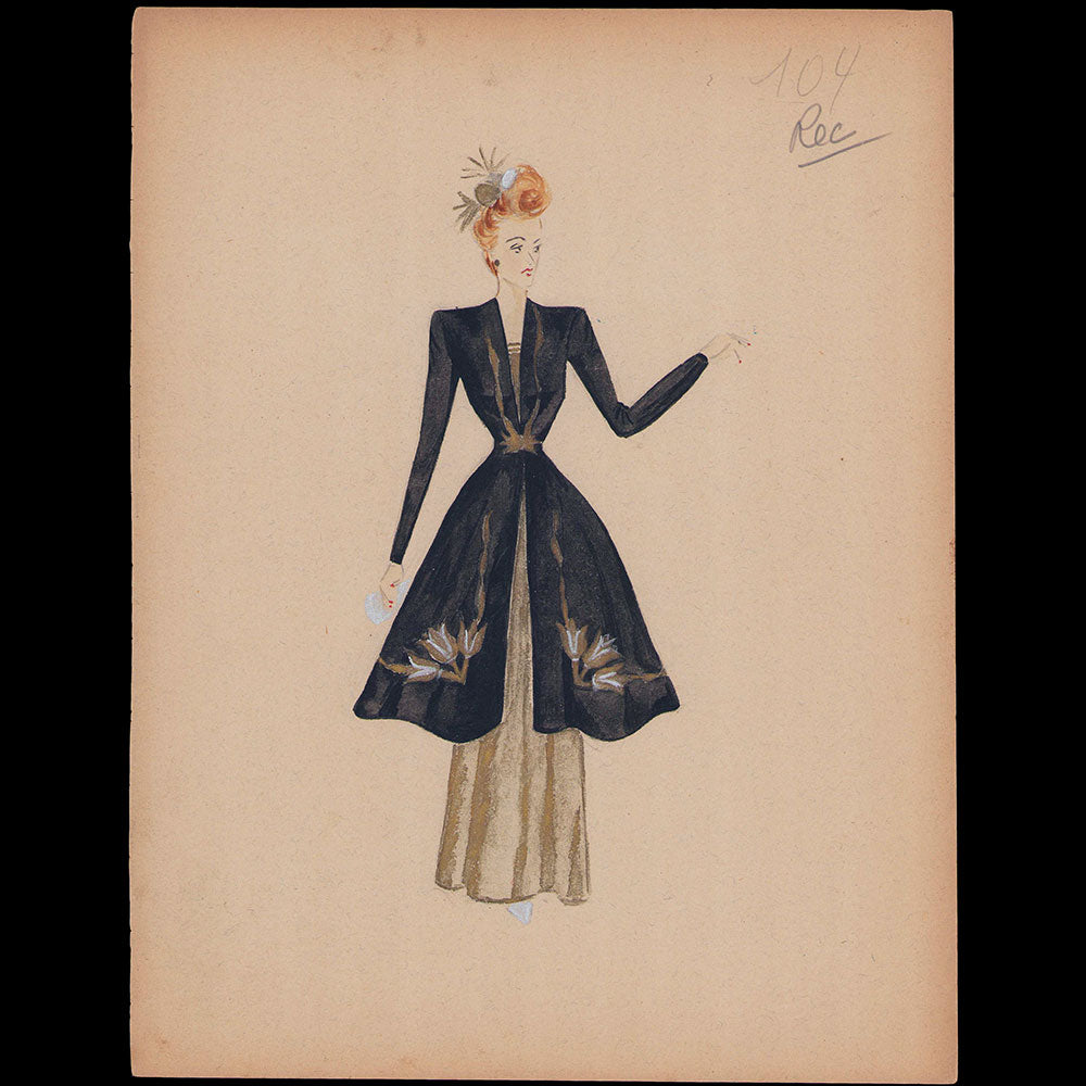 Croquis de mode - Manteau noir brodé or (1940s)