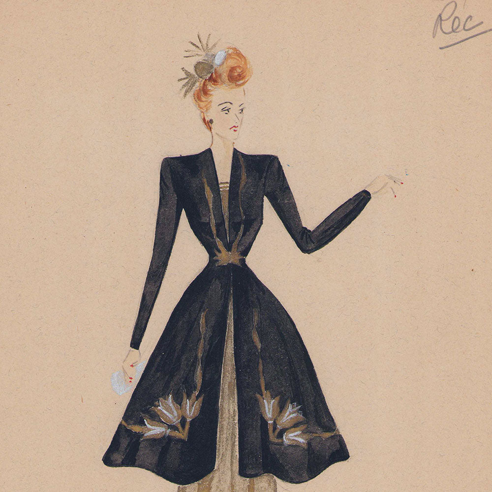 Croquis de mode - Manteau noir brodé or (1940s)
