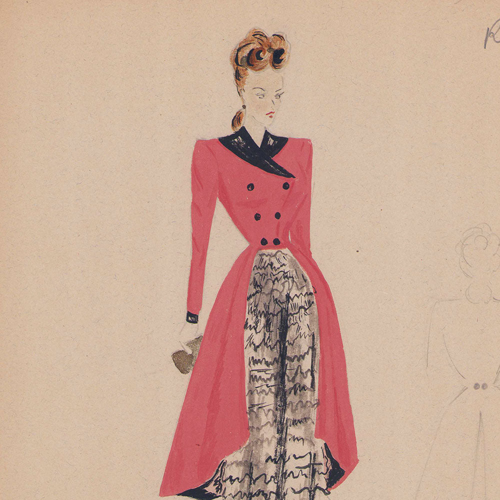 Croquis de mode - Manteau rouge (1940s)