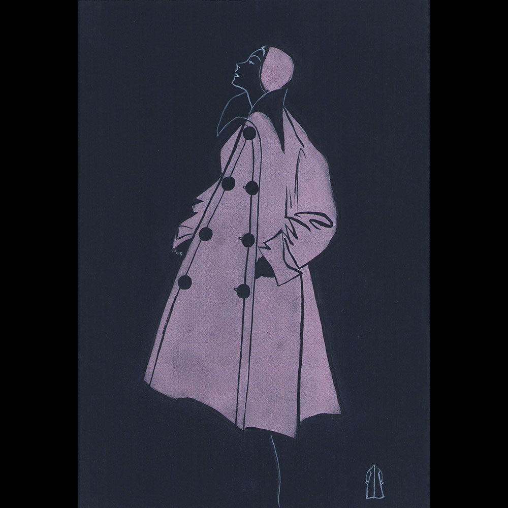 Croquis de mode - Dessin d'un manteau rose (1950s)
