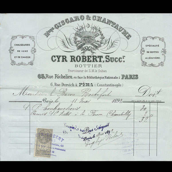 Facture de la maison Giscaro & Chantaume, bottier , 65 rue Richelieu à Paris (1892)