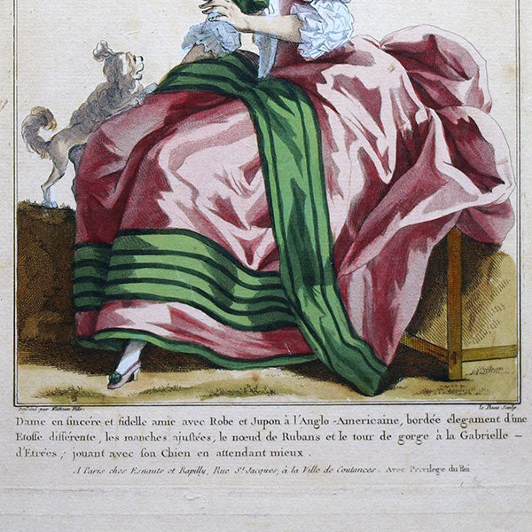 Gallerie des Modes et Costumes Français, 1778-1787, gravure n° vv 254, Dame en sincère et fidèle amie par Watteau (1784)