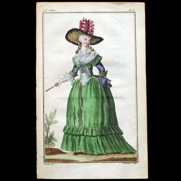 Cabinet des modes, planche I, 22ème cahier - Femme en caraco à la Cauchoise (1er octobre 1786)