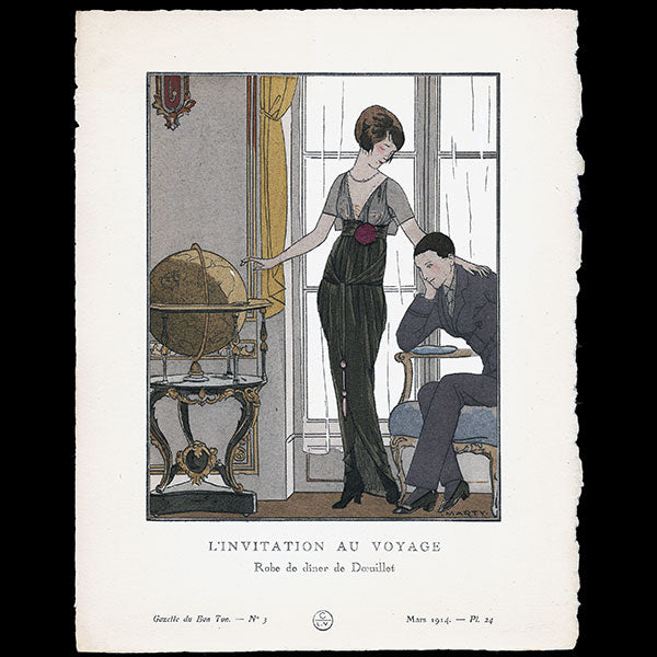 Gazette du Bon Ton - L'Invitation au voyage, robe de dîner de Doeuillet, planche de Marty (n°3, 1914)