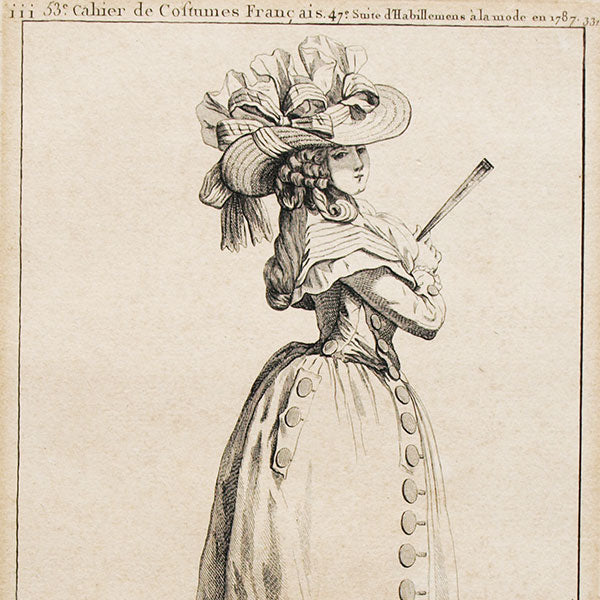Gallerie des Modes et Costumes Français, 1778-1787, gravure n° iii 331, Jeune Dame rêvant au doux mystère par Watteau (1787)