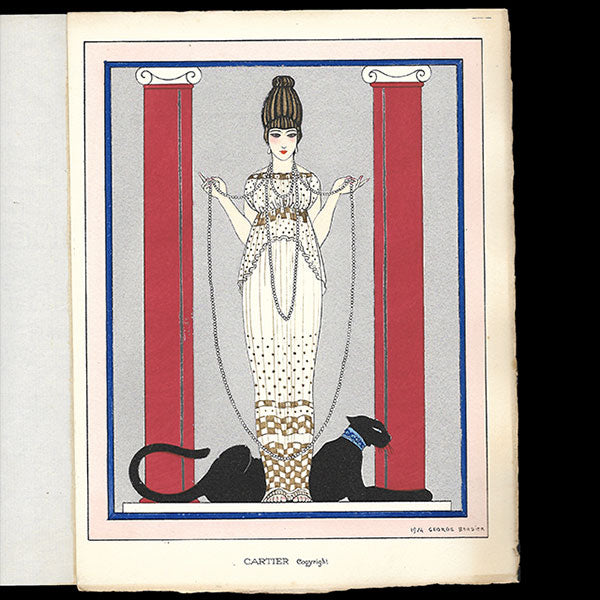 La Femme à la Panthère, pochoir de George Barbier l'invitation de la maison Cartier à l'exposition de bijoux de décadence antique (1914)