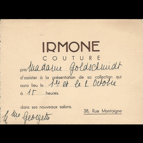 Carton d'invitation de la maison Irmone Couture, 38 rue Montaigne à Paris (circa 1935)