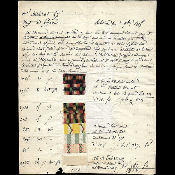 Serre et cie - Correspondance avec échantillons adressée au négociant en tissus par Parizet Fils (1815)