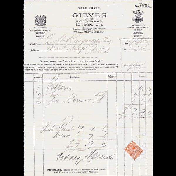 Facture du tailleur Gieves Ltd, 21 Old Bond Street à Londres (1926)