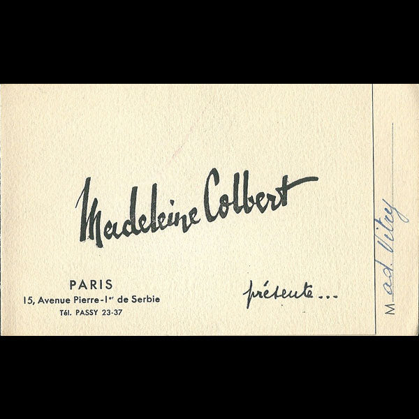 Carton d'invitation de la maison Madeleine Colbert, 15 avenue Pierre Ier de Serbie à Paris (circa 1940)