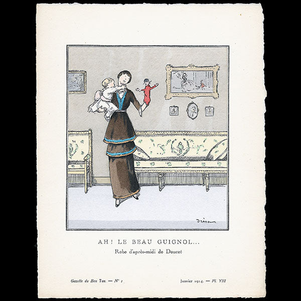Gazette du Bon Ton - Ah le beau Guignol, robe d'après-midi de Doucet, planche de Jacques Drésa (n°1, 1914)