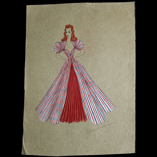 Jean Desses - Dessin d'une robe du soir bleu, blanc, rouge, circa 1940