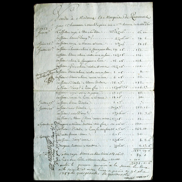 Facture Mémoires d'un marchand d'étoffes et d'une couturière pour la marquise de Querouart (1752-1757)