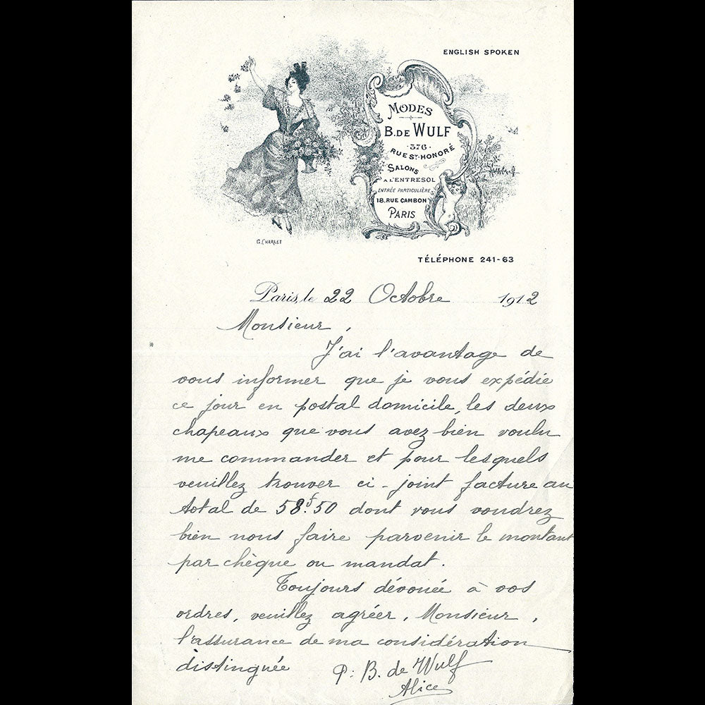 B. de Wulf - Correspondance de la maison de mode, 376 rue Saint-Honoré à Paris (1912)