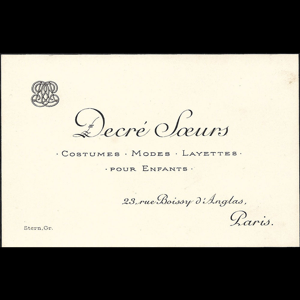 Décré Soeurs - Carte de la maison spécialisée dans les vêtements pour enfants, 23 rue Boissy d'Anglas à Paris (circa 1910)
