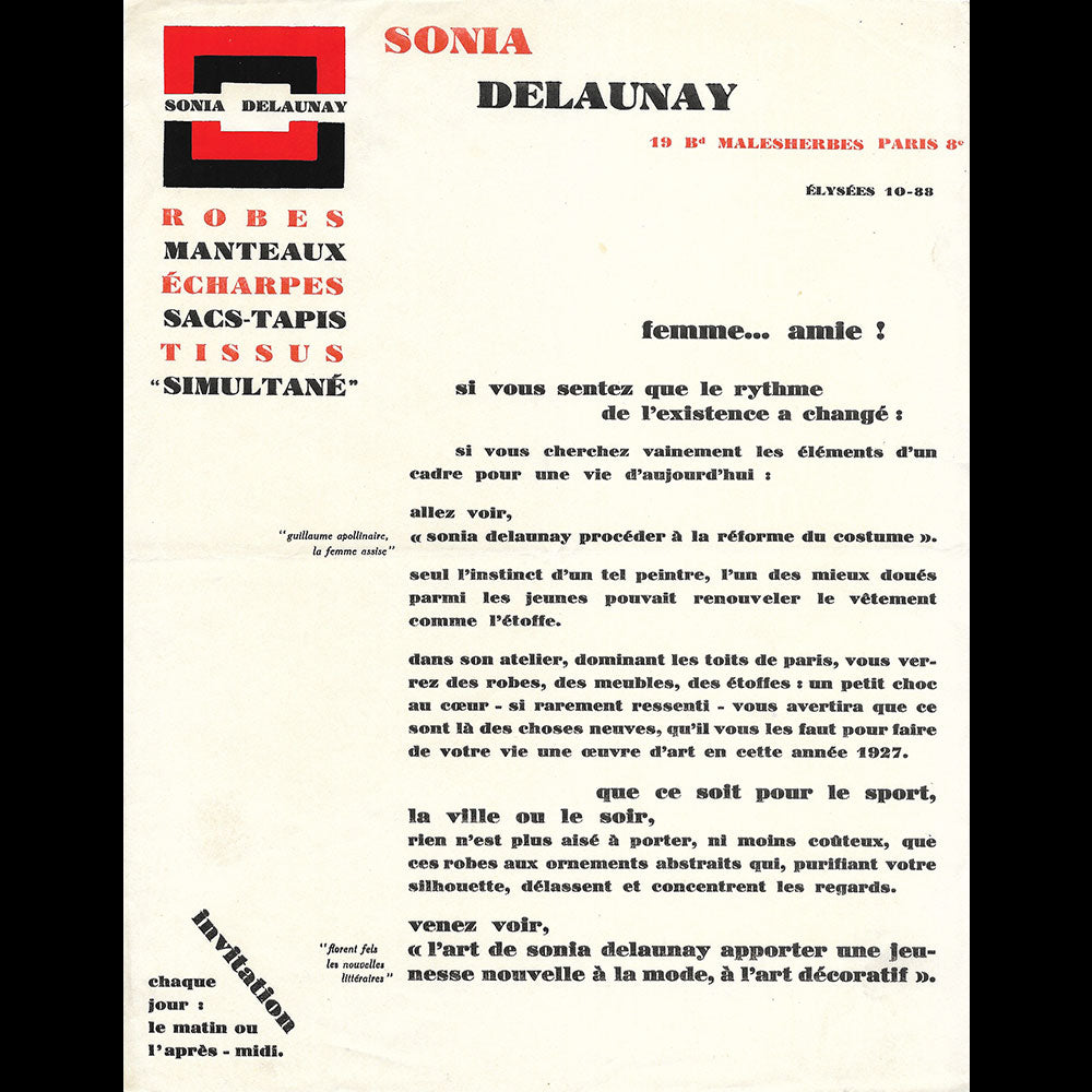 Sonia Delaunay - Invitation, 19 boulevard Malesherbes à Paris (1927)