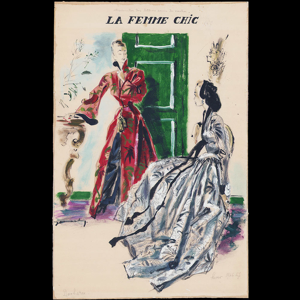 Jacques Demachy - Robes de Pierre Balmain et Bruyère, dessin pour la Femme Chic (1946)