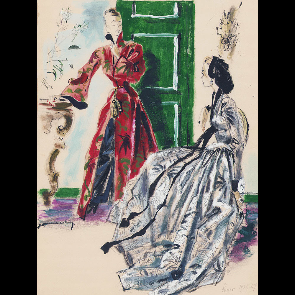 Jacques Demachy - Robes de Pierre Balmain et Bruyère, dessin pour la Femme Chic (1946)