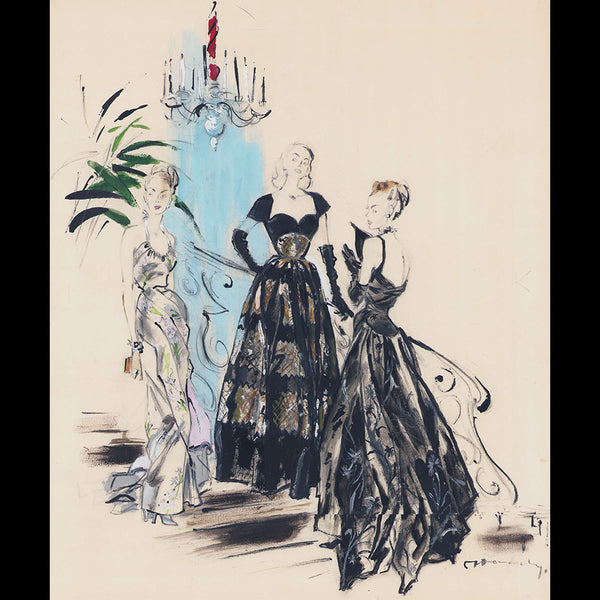 Jacques Demachy - Robes de Mad Carpentier, Marcel Rochas et Christian Dior, dessin pour la Femme Chic (1947)