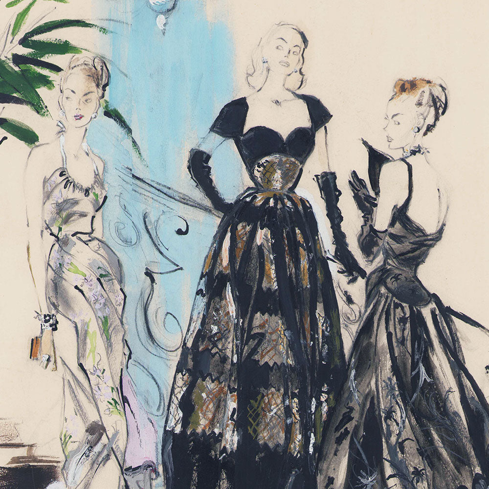 Jacques Demachy - Robes de Mad Carpentier, Marcel Rochas et Christian Dior, dessin pour la Femme Chic (1947)