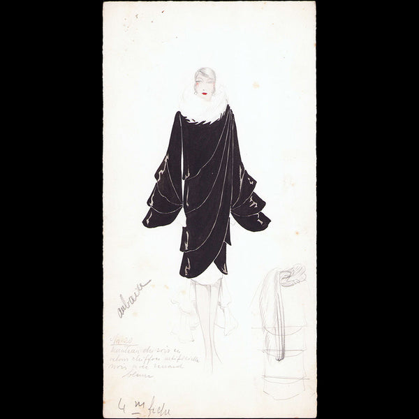 Aubaine, dessin d'un manteau de maison de couture parisienne (circa 1925)