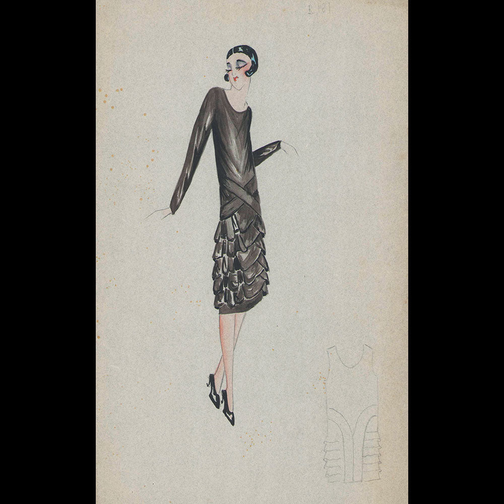 Fashion drawing of evening dress from a Paris Couture House (c. 1925-1930)