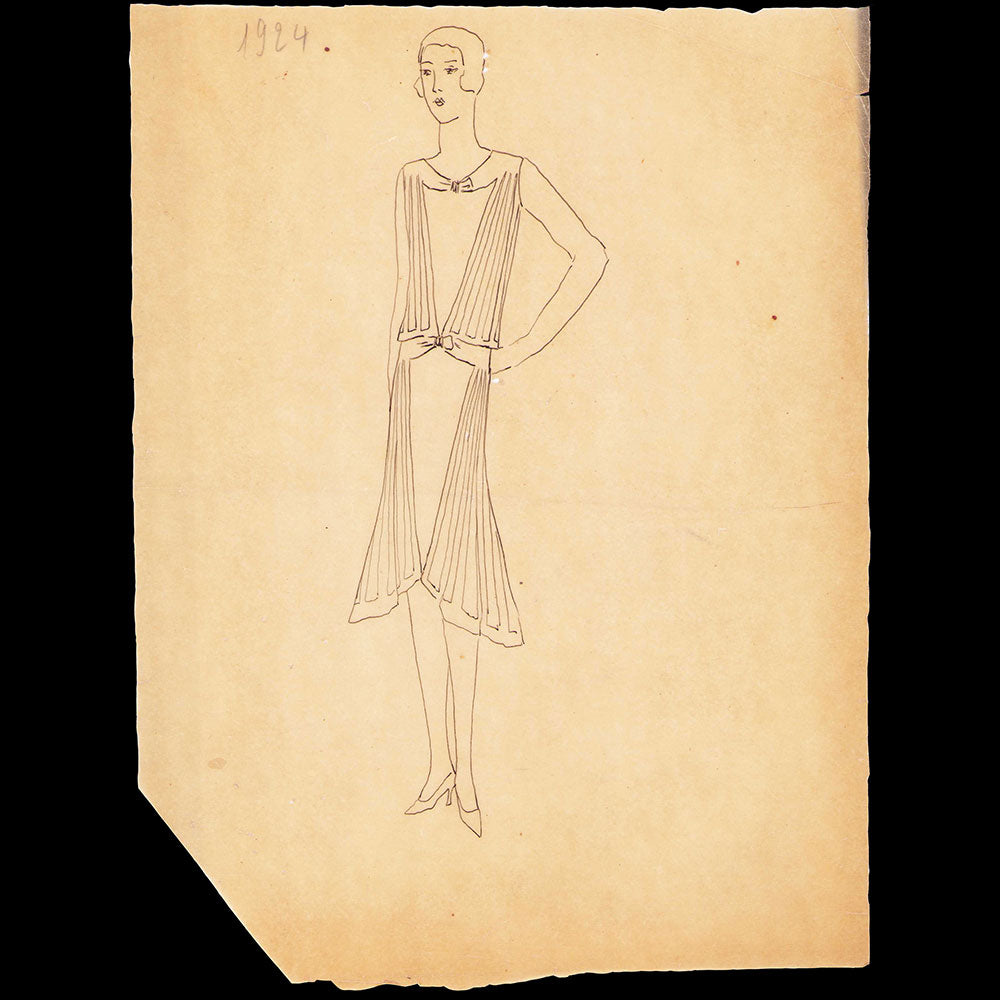 Fashion drawing of evening dress from a Paris Couture House (c. 1925-1930)