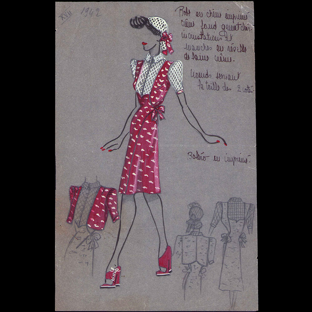 Dessin d'une robe de maison de couture parisienne (1942)