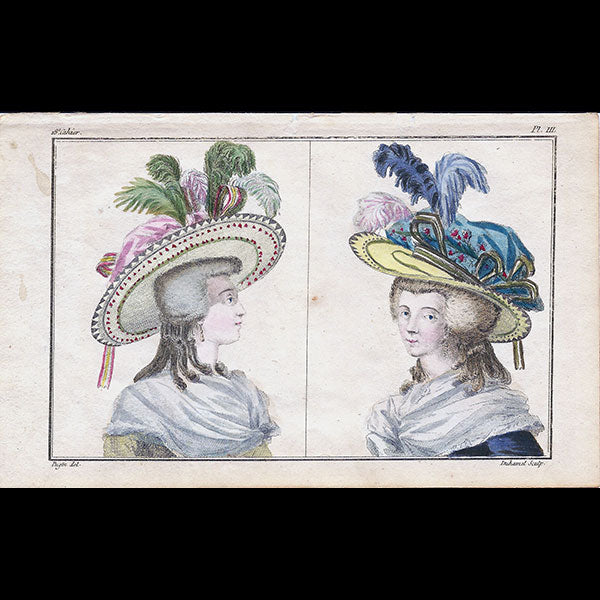 Cabinet des modes, planche III, 18ème cahier - Deux femmes en caracos (1er août 1786)