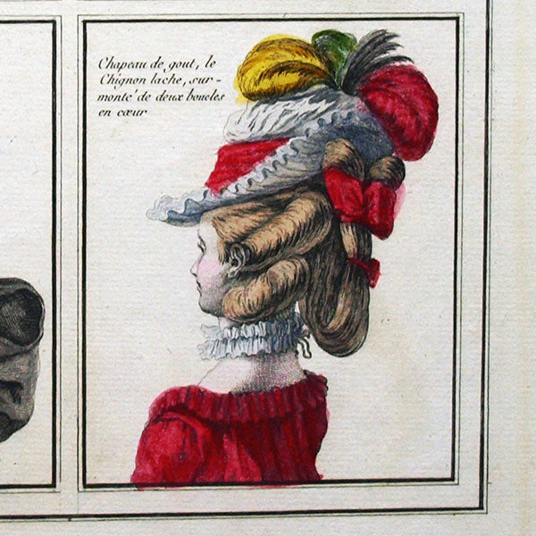 Gallerie des Modes et Costumes Français, 1778-1787, gravure n° D 21, Coeffure a trois boucles en arriere (1778)