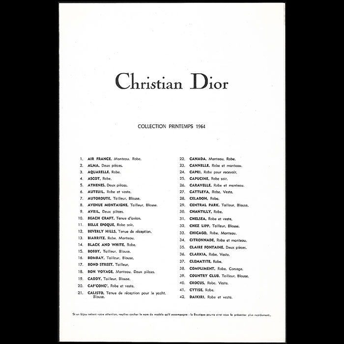 Christian Dior - Programme de la collection Printemps 1964