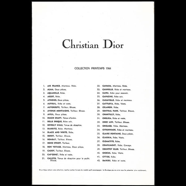 Christian Dior - Programme de la collection Printemps 1964