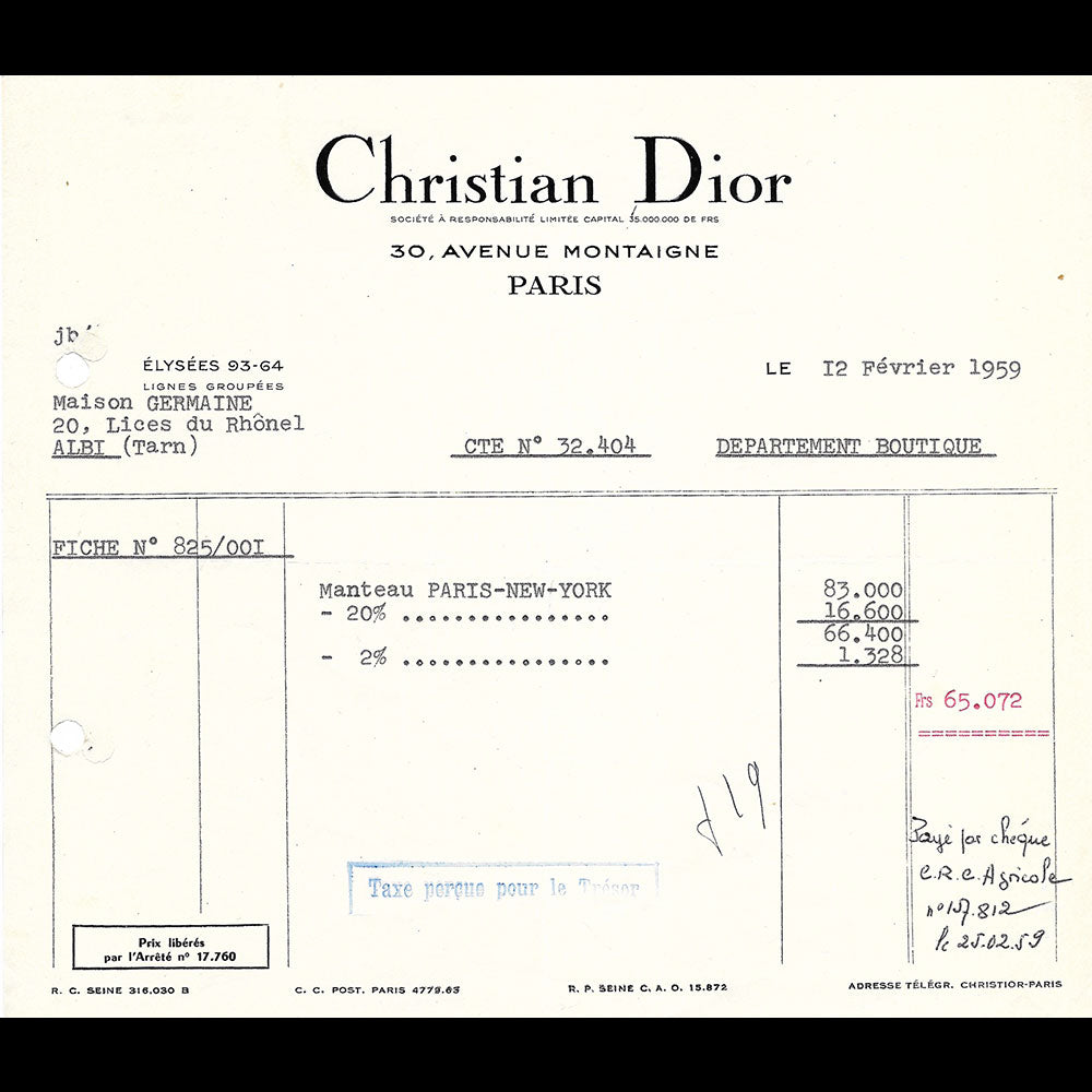 Christian Dior - Facture d'un manteau Voyageur (1959)