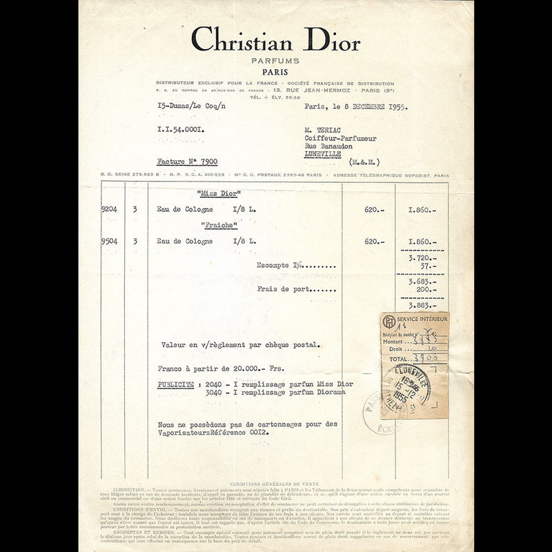 Christian Dior Parfums - Facture pour Miss Dior et Fraiche (1955)