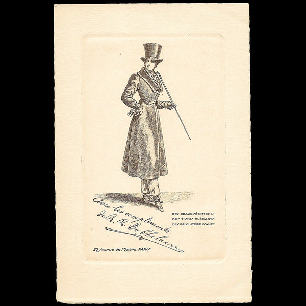 Rieu Rost Dobbelaere - Carte illustrée du tailleur, 30 avenue de l'Opéra à Paris (circa 1910s-1920s)