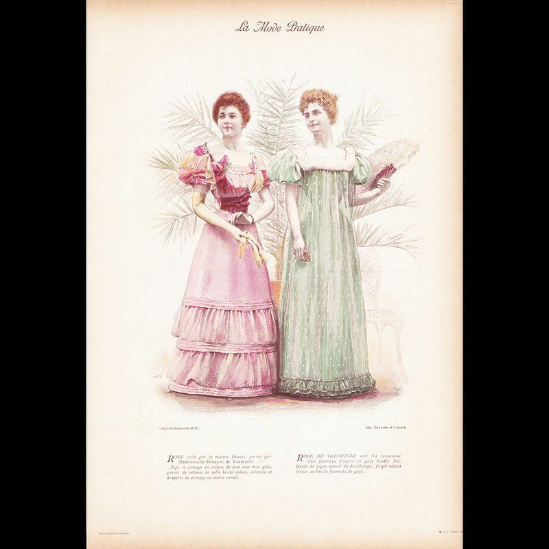 Doucet - Robe de crépon de soie rose et Robe de veloutine vert, gravure de La Mode Pratique (1894)