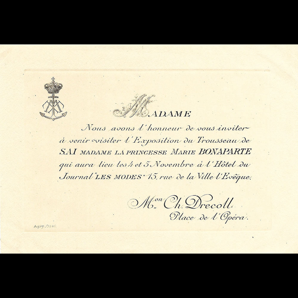 Drecoll - Invitation à l'Exposition du trousseau de la Princesse Marie Bonaparte (1907)