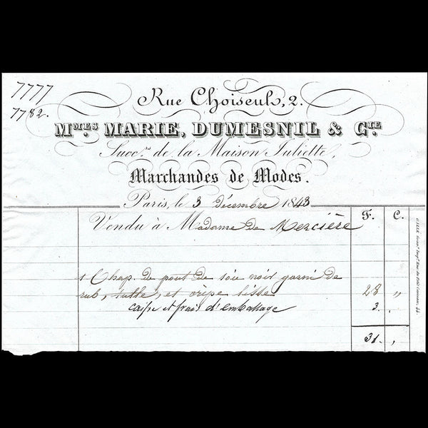 Marie Dumesnil et Cie - Facture des marchandes de modes, 3 rue Choiseul à Paris (1843)