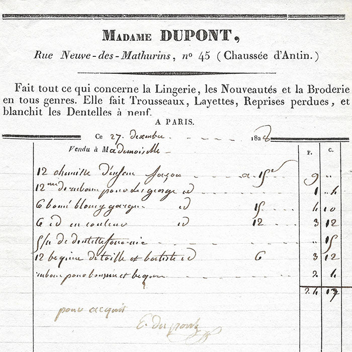Madame Dupont - Facture du magasin de lingerie et broderie, Rue Neuve-des-Mathurins à Paris (1828)
