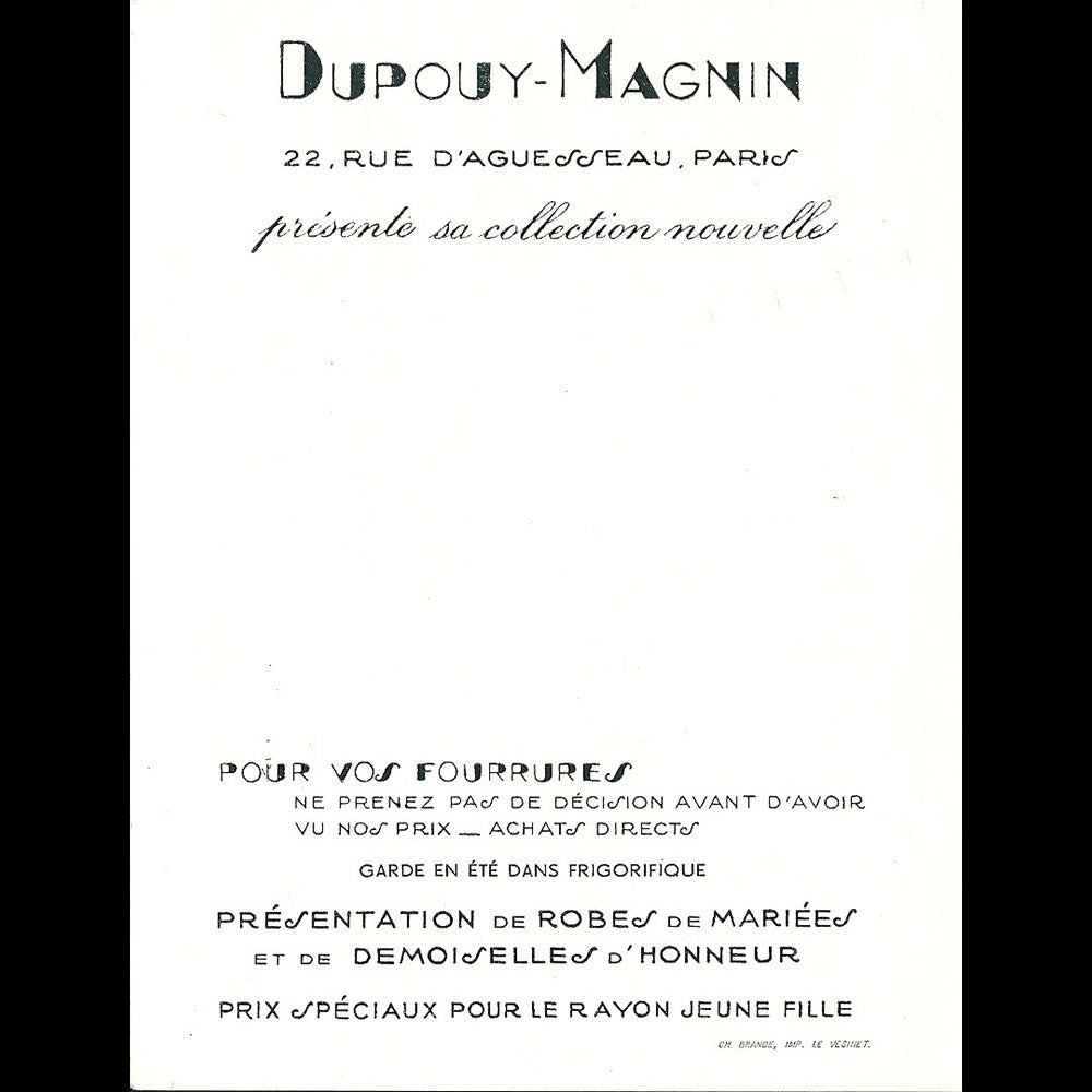 Dupouy-Magnin - Invitation de la maison de couture, 22 rue d'Aguessau à Paris (1942)